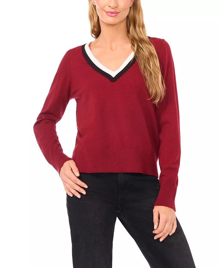 Women's Contrast Collar V-Neck Sweater - thumbnail 4