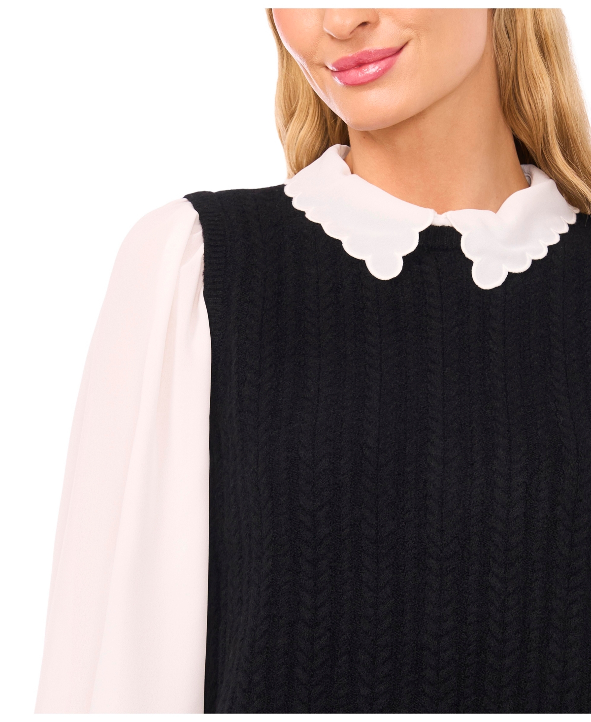 Cece Women's Scallop Edge Twofer Long Sleeves Sweater In Black