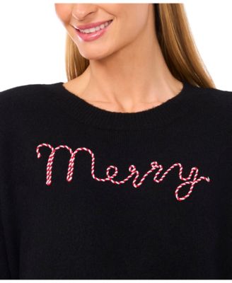 Women's "Merry" Candy Cane Script Crewneck Long-Sleeve Sweater