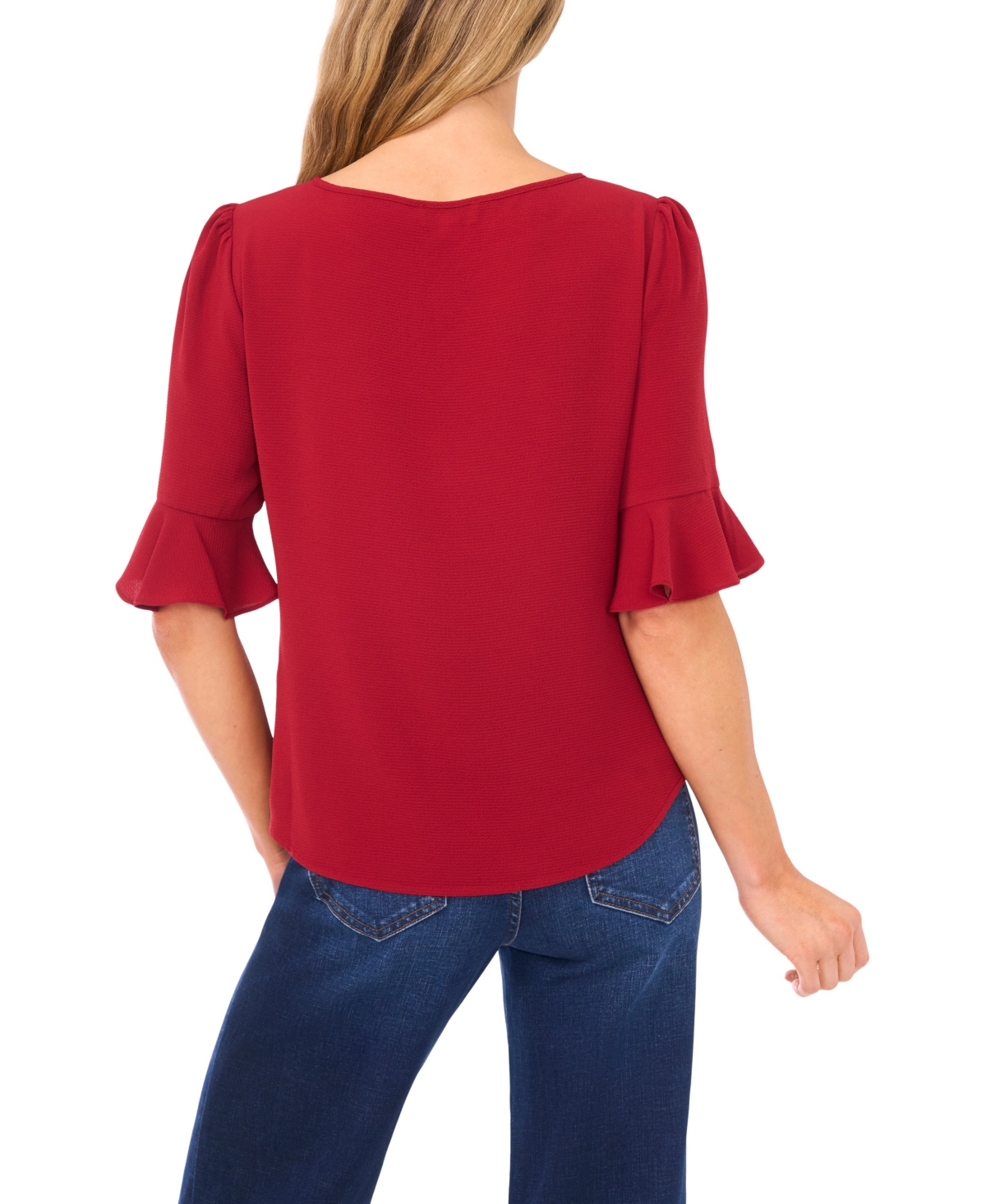 Cece Women's Split Tie Neck Ruffle Cuff 3/4-sleeve Top In Red