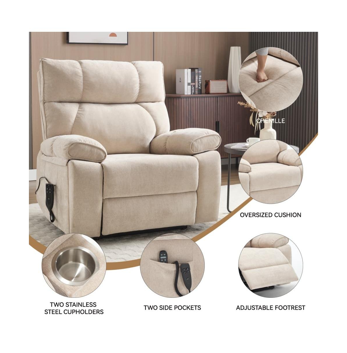 Maison Boucle Oversized Chenille Lift Recliner with Heat & Massage, Cup Holders, Dual Motor Electric Chair for Seniors-Maison