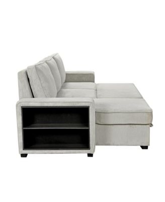 Modern Pull-Out Sofa Bed with Storage Chaise, USB Charging & Bookshelf Arm, Sleeper Sectional Couch for Small Spaces