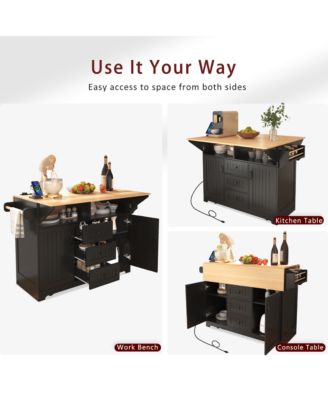 55.7" Rolling Kitchen Island with Dual Drop Leaves, Power Outlet, Storage Drawers & Cabinets