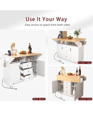 55.7" Rolling Kitchen Island with Dual Drop Leaves, Power Outlet, Storage Drawers & Cabinets