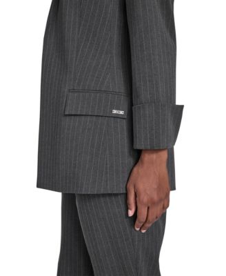 Petite Pinstripe Pattern Rollback Cuff Open Front Jacket