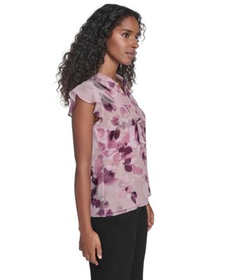 Petite Printed Short Sleeve Ruffle Front Blouse