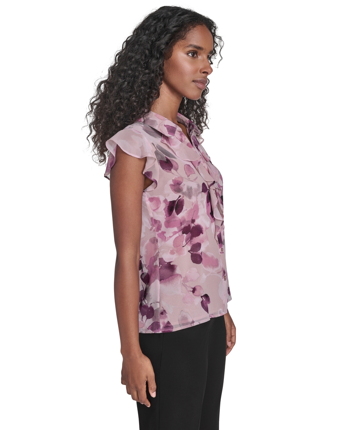 Calvin Klein Petite Printed Short Sleeve Ruffle Front Blouse In Purple