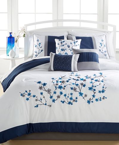 Kira Navy 7-Pc. Queen Comforter Set, Embroidered - Bed in a Bag - Bed & Bath - Macy&#39;s