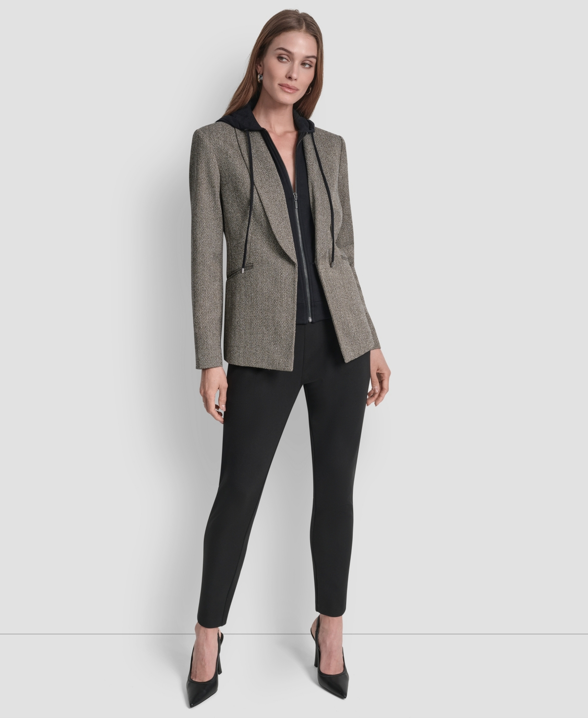 Dkny Petite Herringbone Pattern Fleece Hood Blazer In Animal Print