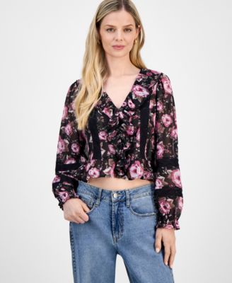 And Now This - Petite Printed Long-Sleeve Ruffle Top
