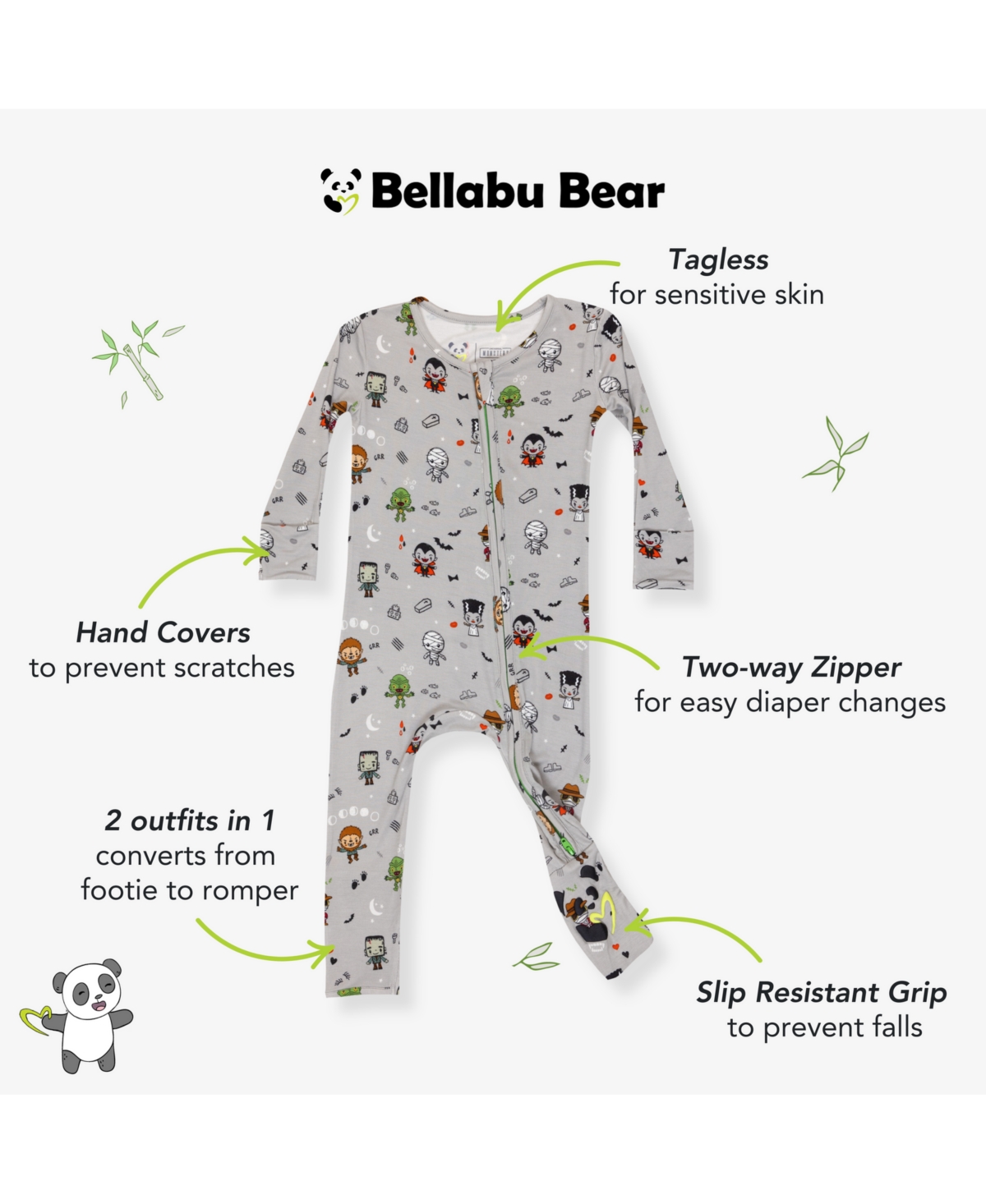 Bellabu Bear Unisex Little Monsters Convertible Footie In Gray