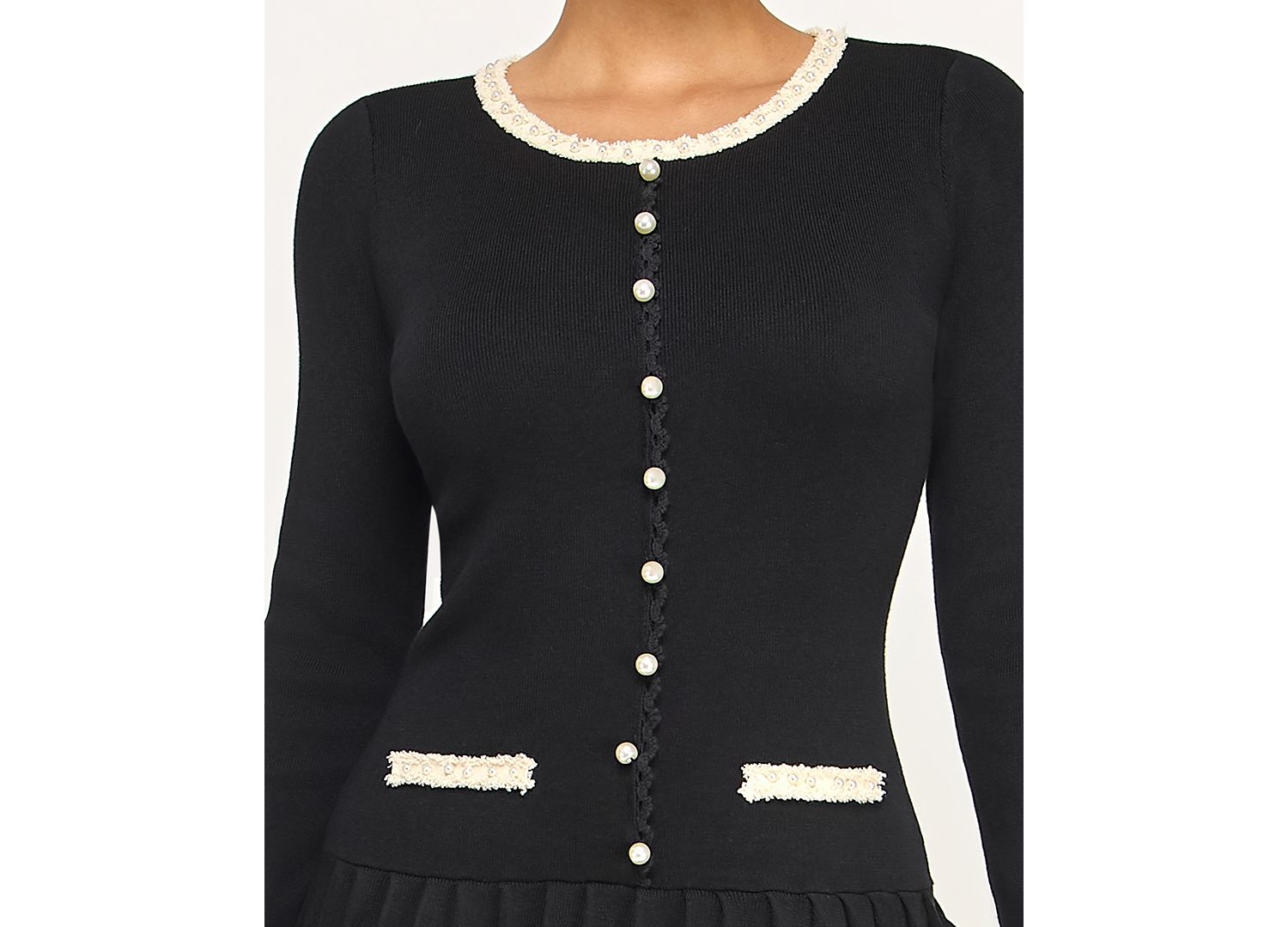Juniors' Pearl Boucle Trim Pleated Fit & Flare Sweater Dress