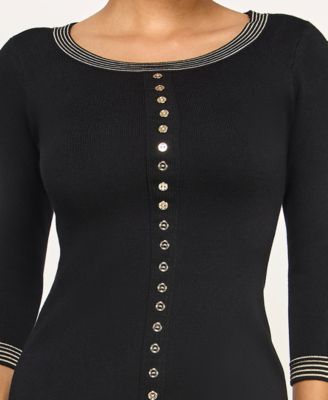 Juniors Lurex Stripe Mini Buttons Fitted Sweater Dress