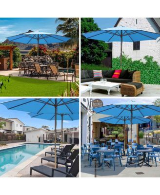 13ft XL Heavy Duty Solid Wood Outdoor Patio Umbrella with Base Parasol Wheels Stand for Bistro Market Table Garden Deck Yard Poolside Blue