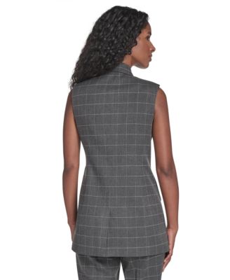 Women's Notch Collar Windowpane Belted Vest