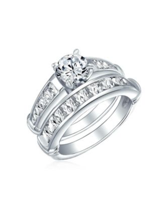 Classic Sterling Silver 2CT Round CZ Solitaire & Channel-Set Band  Ring Set