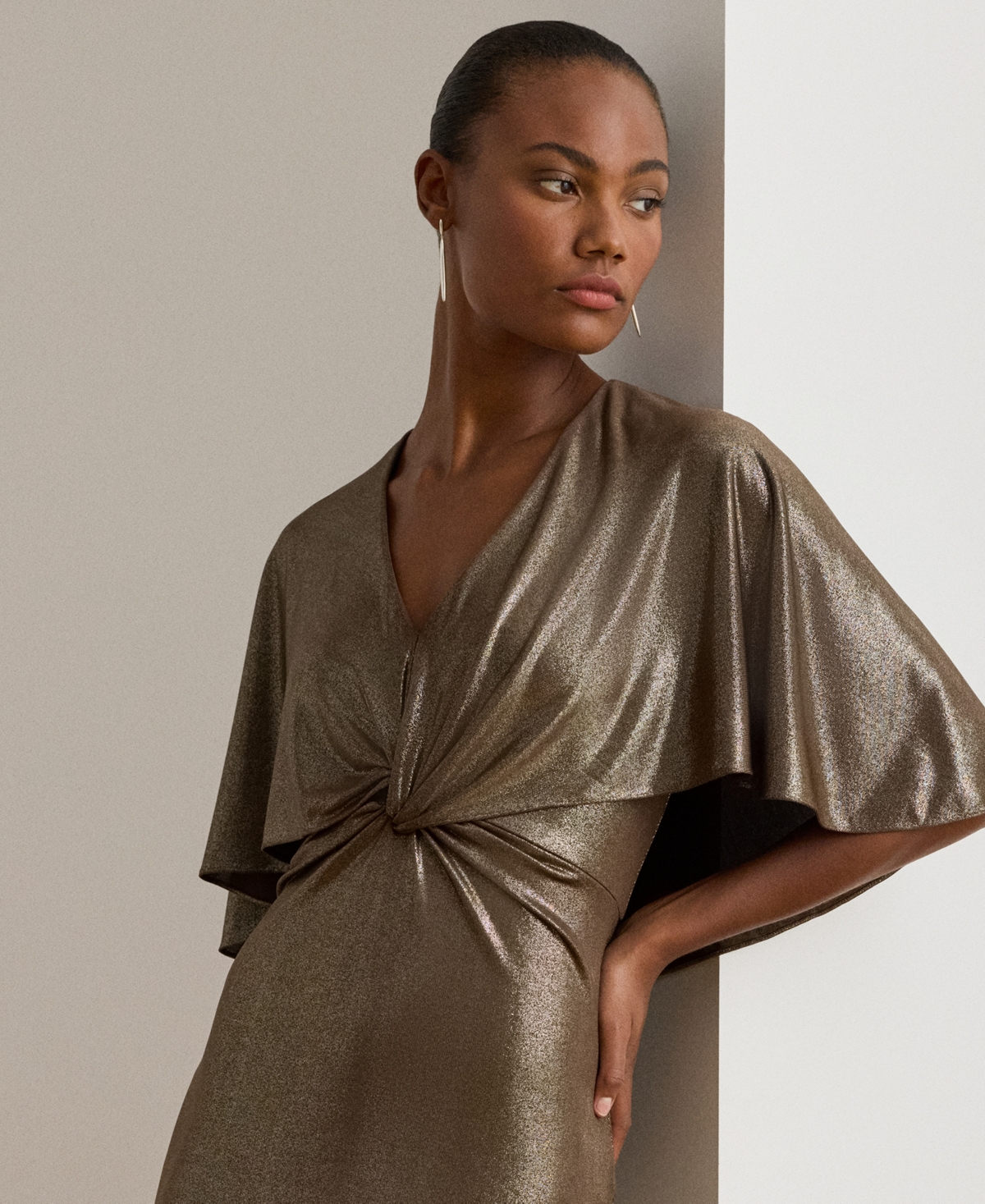 Ralph Lauren Lauren  Phinya Metallic Twist Front Capelet Gown In Brown