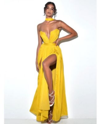 Women Xella Yellow Pleated Chiffon Maxi Dress