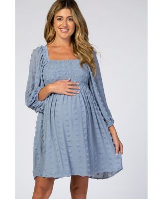 Maternity Pink Textured Dot Smocked Square Neck Chiffon Dress