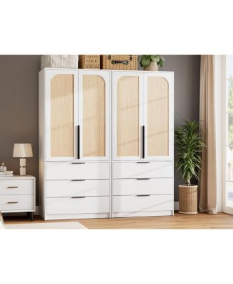 Armoire Wardrobe Closet, 69.5" Wooden Wardrobe Cabinet with 3 Drawers, Hanging Rod, 2 Doors Clothing Storage Cabinet for Bedroom, Large Capacity Storage, Rattan Door, White