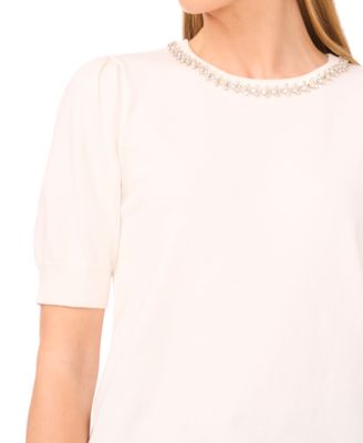 Women's Embellished Neck Trim Short Sleeve Sweater Top