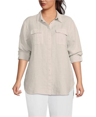 Plus Size Linen Roll Sleeve Relaxed Tunic Top