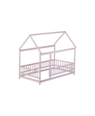 Twin Size House Floor Wooden Bed with Roof Frame Safety Guardrails Pink