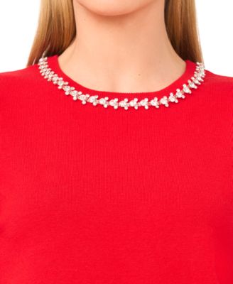 Women's Embellished Neck Trim Short Sleeve Sweater Top