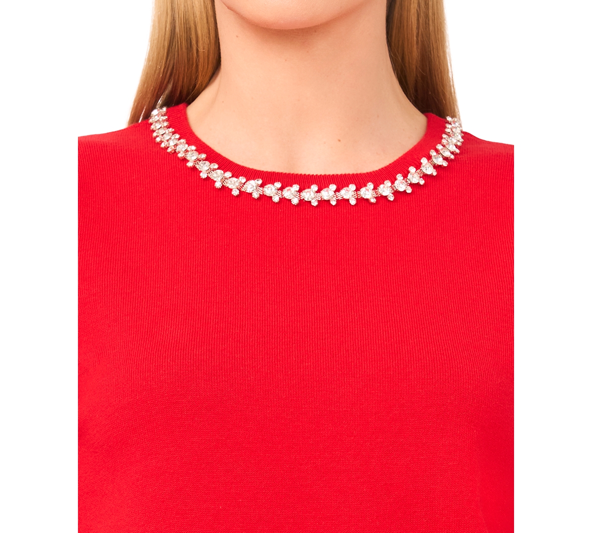 Cece Women's Embellished Neck Trim Short Sleeve Sweater Top In Red