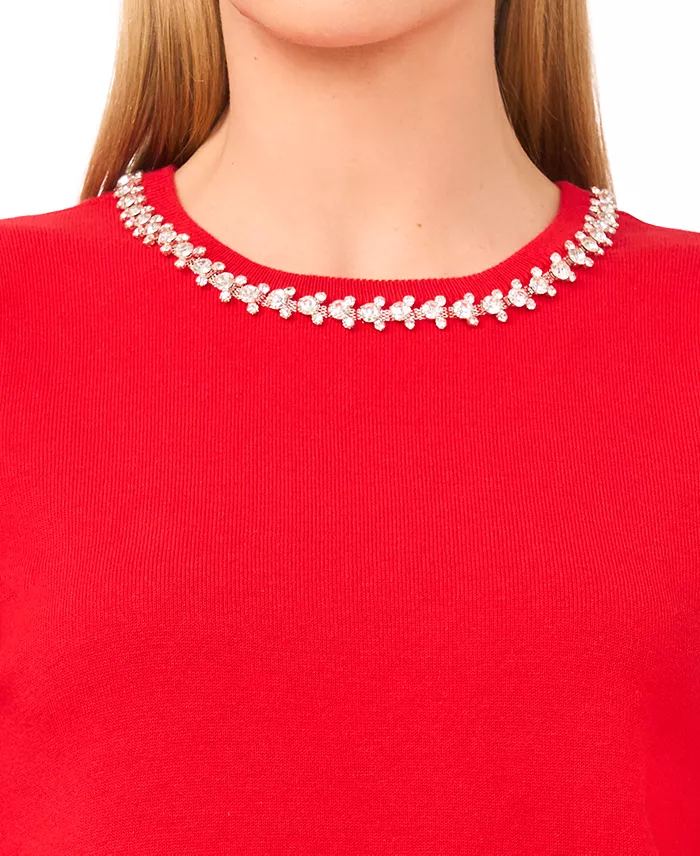 Women's Embellished Neck Trim Short Sleeve Sweater Top - thumbnail 2
