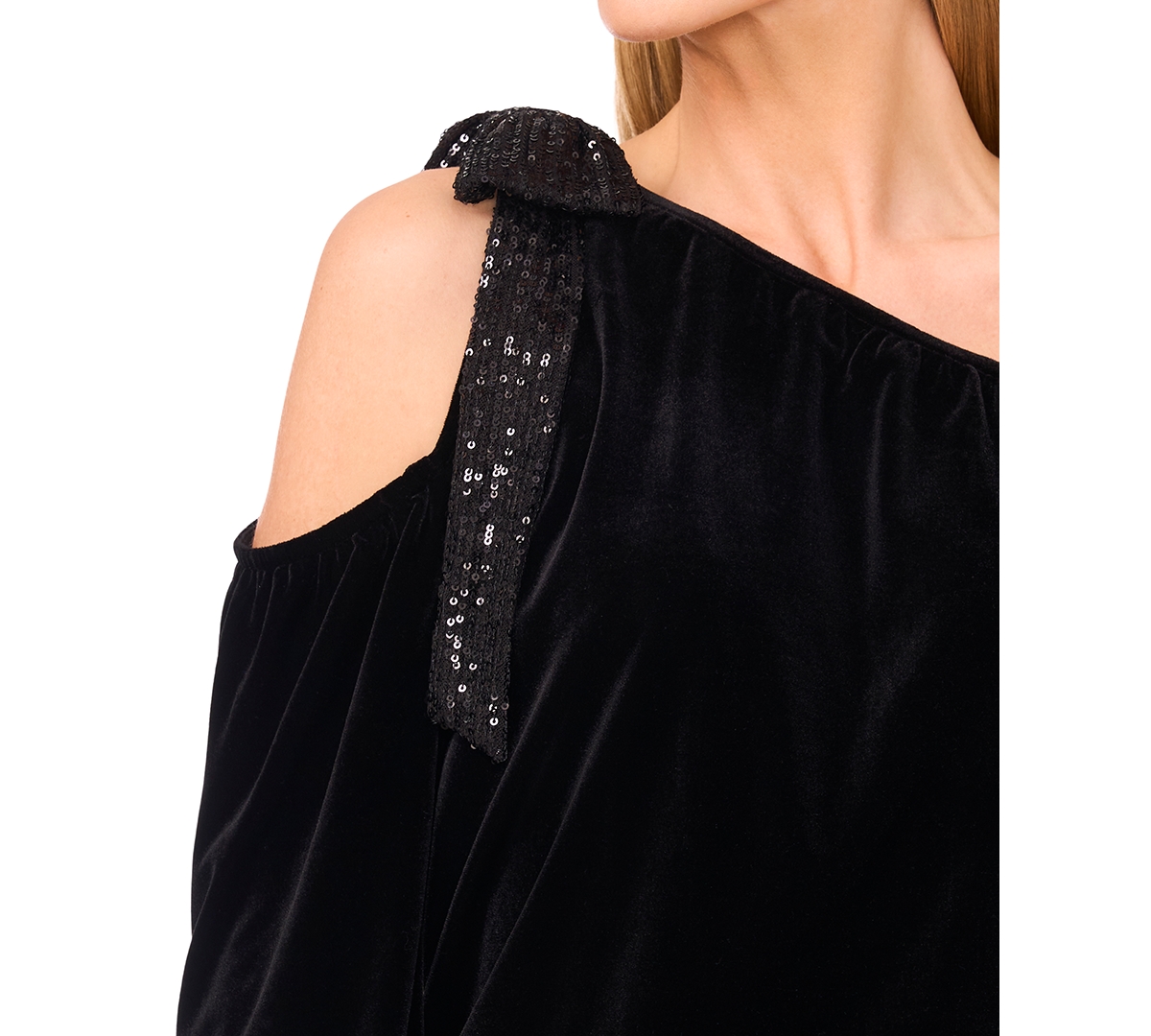 Cece One-shoulder Sequin Bow Velvet Top In Black