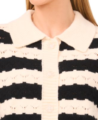 Women's Wide Collar Striped Long Sleeves Cardigan