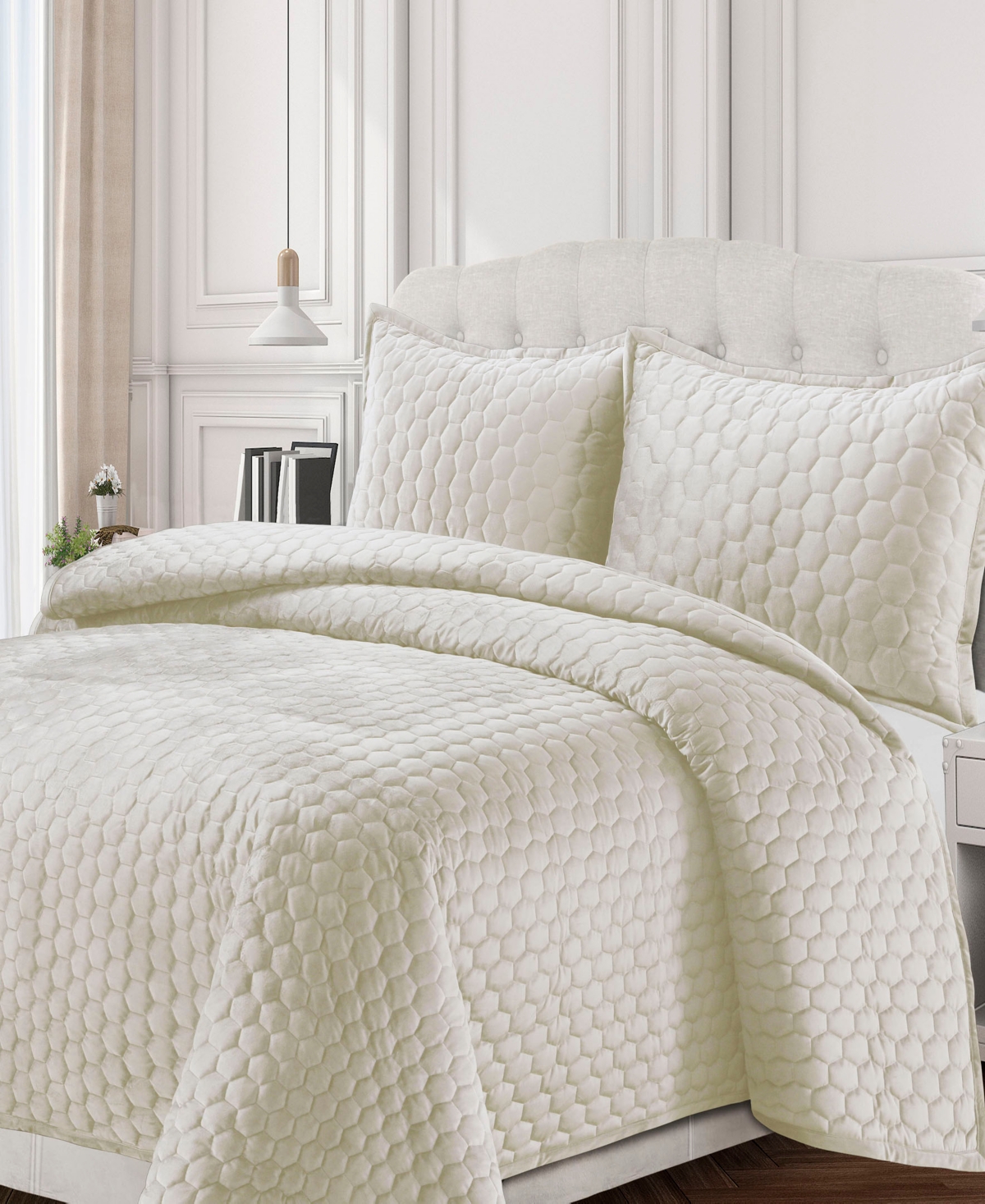 Tribeca Living Lugano Honeycomb Velvet Oversized Solid 3 Piece Quilt Set, Queen In White
