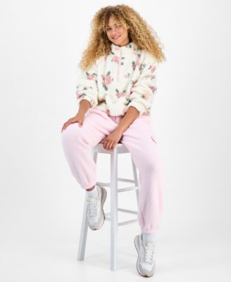 Hiippie Rose Juniors' Floral-Print Half-Zip Sherpa Fleece Top & Sherpa Fleece Cargo Pants