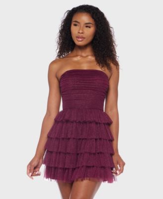 Juniors' Strapless Side-Shirred Tiered Glitter Mini Dress