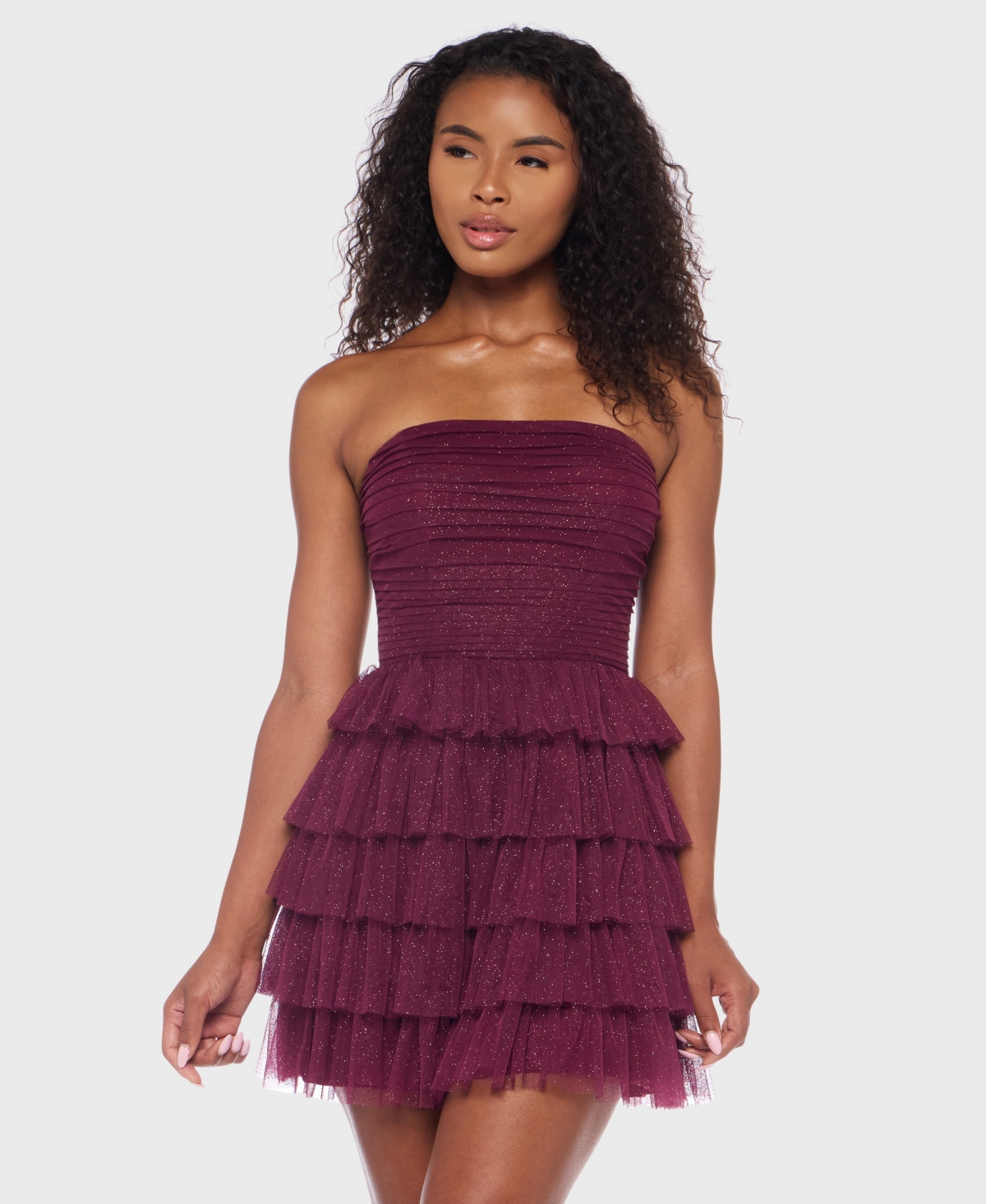 B Darlin Juniors' Strapless Side-shirred Tiered Glitter Mini Dress In Burgundy
