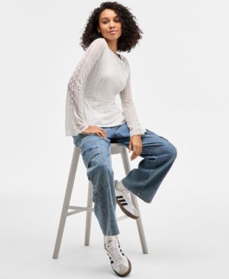 Juniors' Lace Boat-Neck Long-Sleeve Top