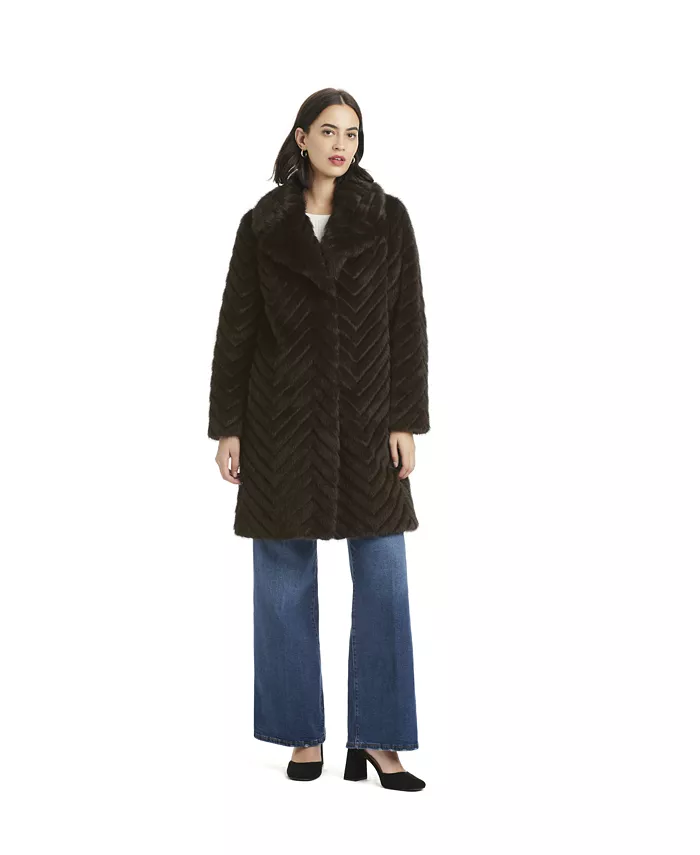 Women's Chevron Textured Faux-Fur Coat - thumbnail 2