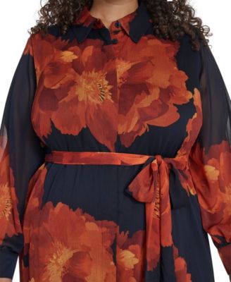 Plus Size Long-Sleeve Printed Midi Dress