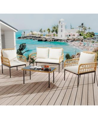 4 Pieces Patio Furniture Sets Wicker Outdoor Patio Table and Chairs Set with Glass Side Table, Loveseat Chairs, Boho Rattan Conversation Sets for Bistro, Apartment, Backyard, Porch, Beige