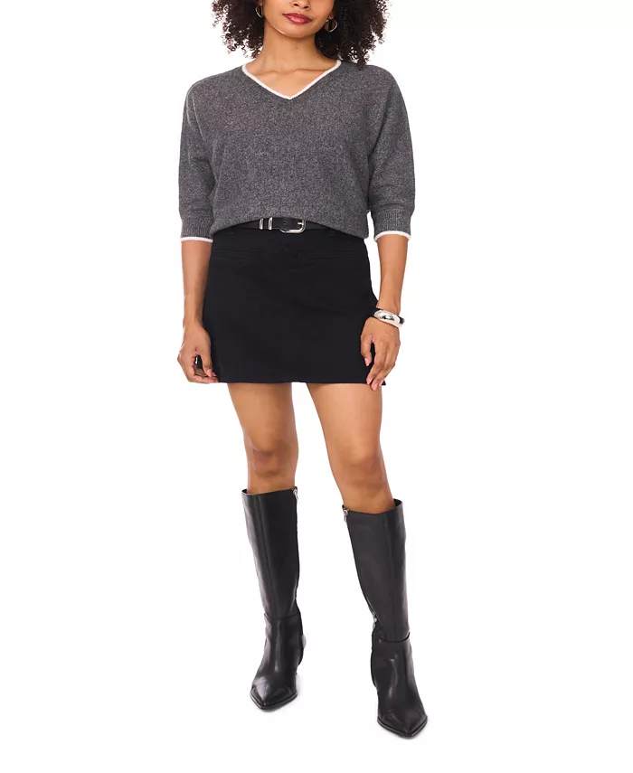 Women's Cozy V-Neck Tipped 3/4-Sleeve Sweater - thumbnail 4