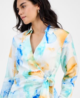 Petite Printed Long-Sleeve Wrap Blouse, Macy's Exclusive 
