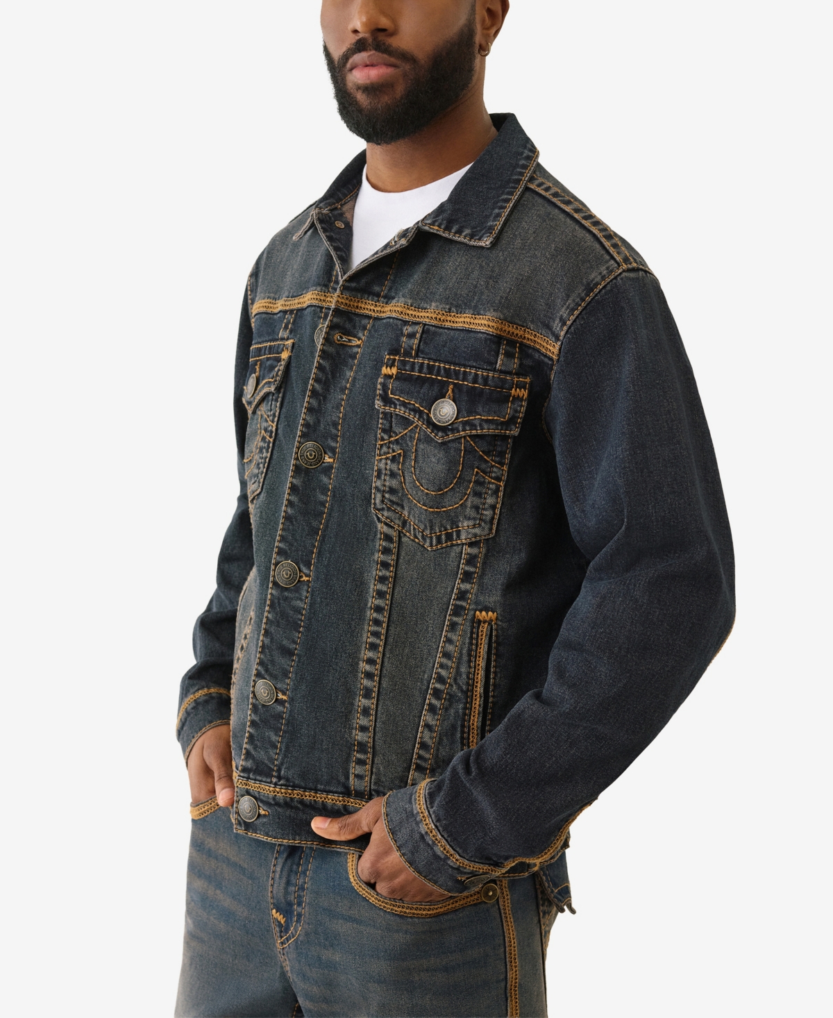 True Religion Men's Super Flatlock Long Sleeve Trucker Jacket