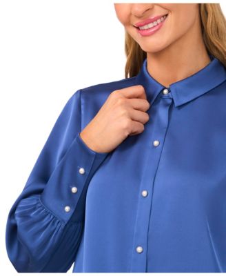 Women's Luxe Satin Imitation Pearl Button Down Blouse