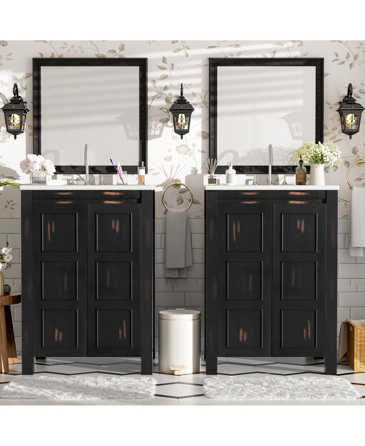 Casainc 48" Bathroom Vanity Combo with Double Ceramic Sinks, Separate Cabinets, Storage Shelf and Soft-Close Doors