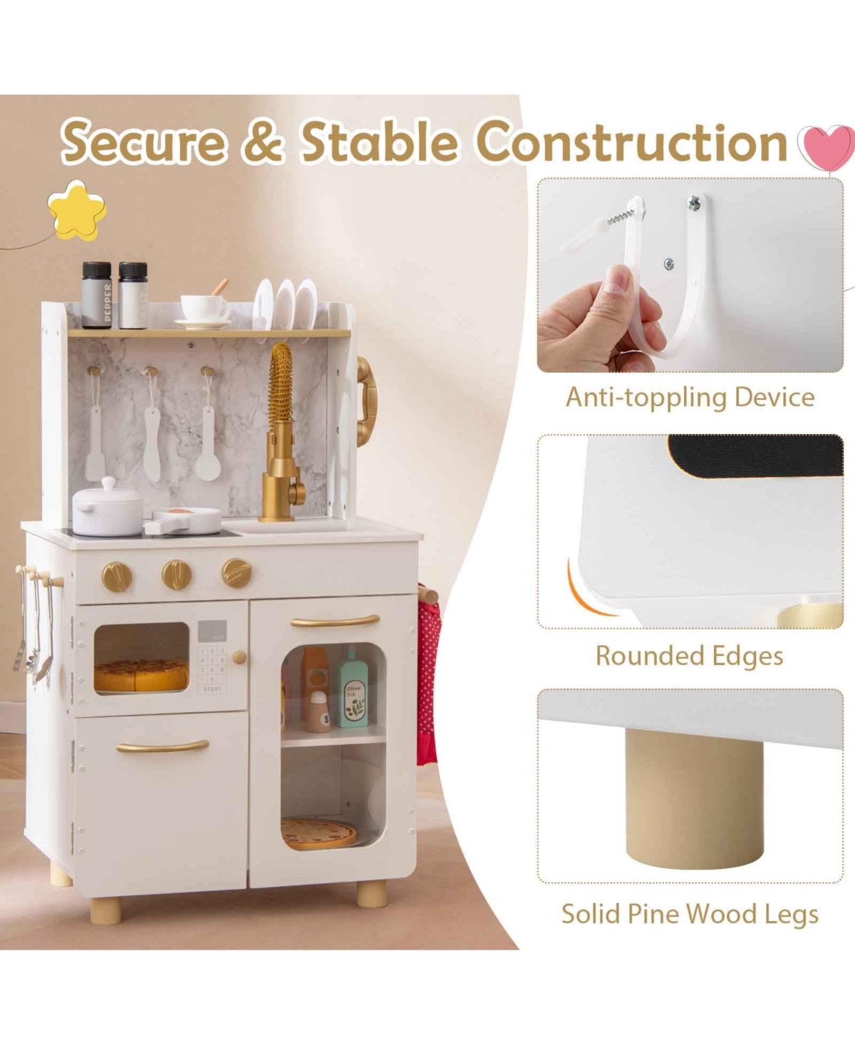 Mecale Kids Kitchen Set Pretend Play Kitchen with Stoves Faucet Sink Telephone Microwave and Oven-White