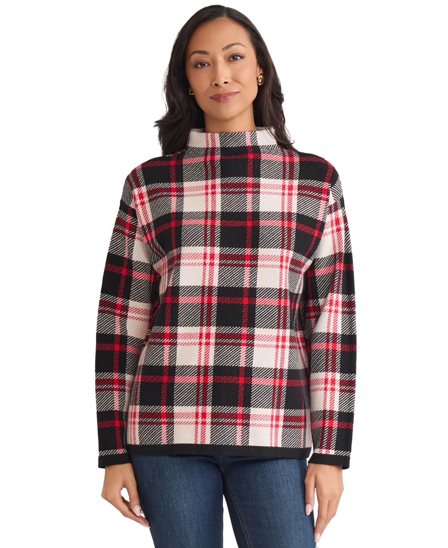Women's Birdseye Plaid Funnel Neck Sweater