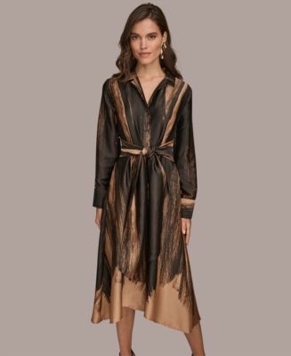 Donna Karan New York Women's Printed Long Sleeve Twist Waist Dress