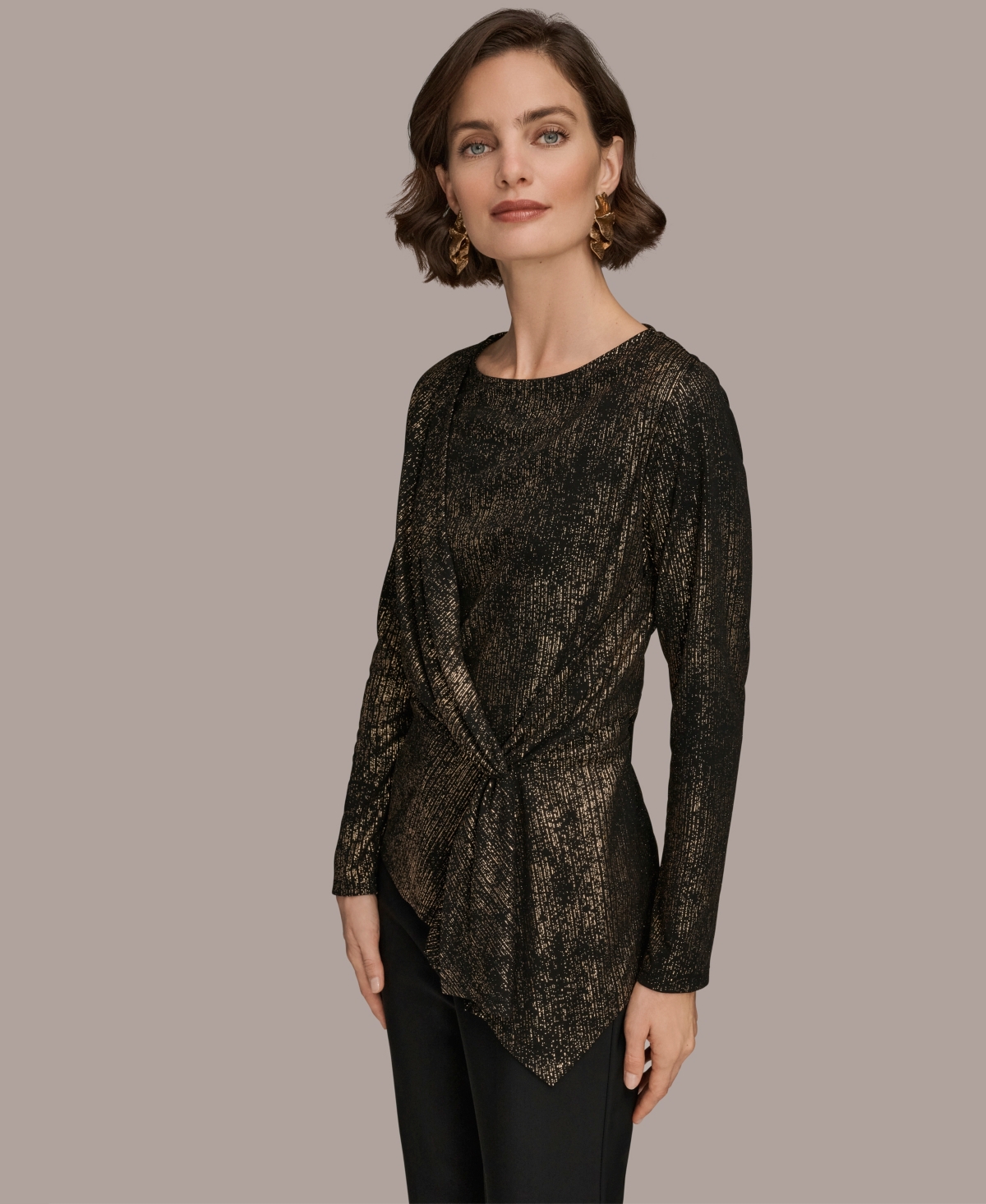 Donna Karan New York Women's Foil Knit Cinch Waist Long Sleeves Top
