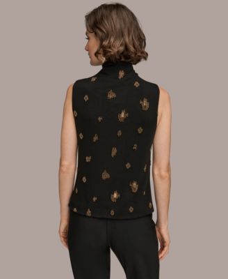 Women's Sleeveless Metallic Beaded Mock Neck Top